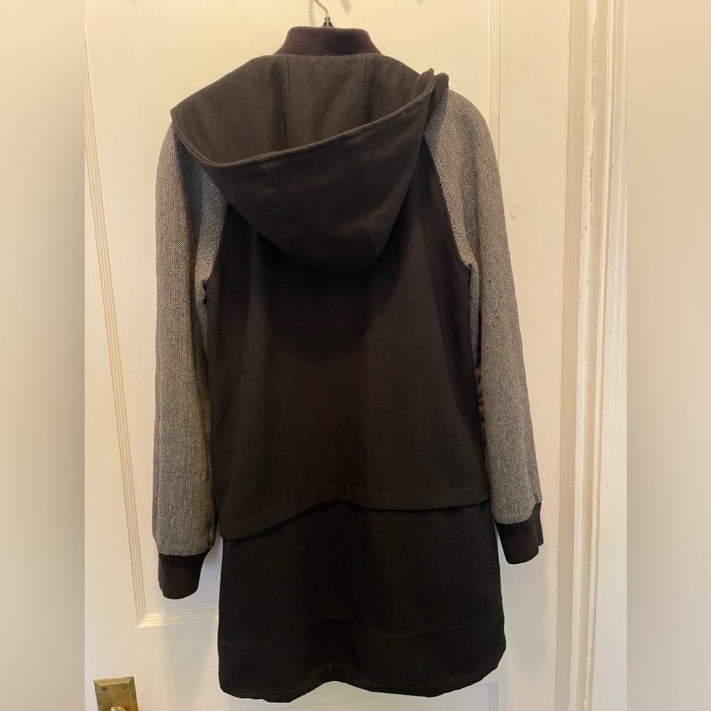 Express Black & Herringbone Varsity Hooded Lined Jacket Coat Zipper Womens XS - Picture 3 of 7